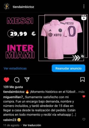 Comentario de Instagram sobre una camiseta personalizada y la atención durante el pedido.
