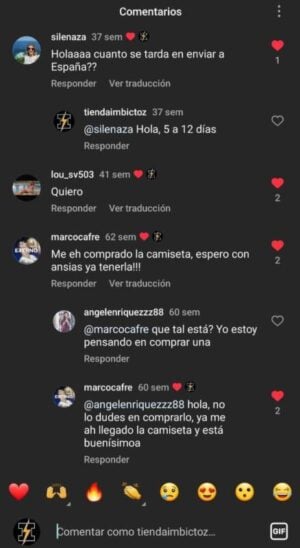 Conversación en Instagram con consultas de envío y un comentario positivo tras recibir una camiseta.