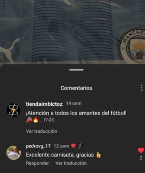 Comentario de Instagram que agradece la calidad de una camiseta.